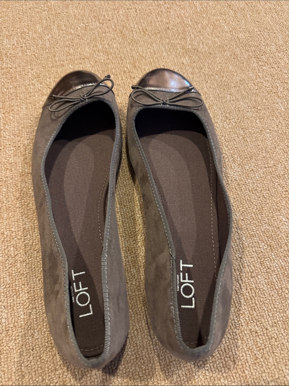 LOFT Gray Suede Ballet Flats with Glossy Toe Cap